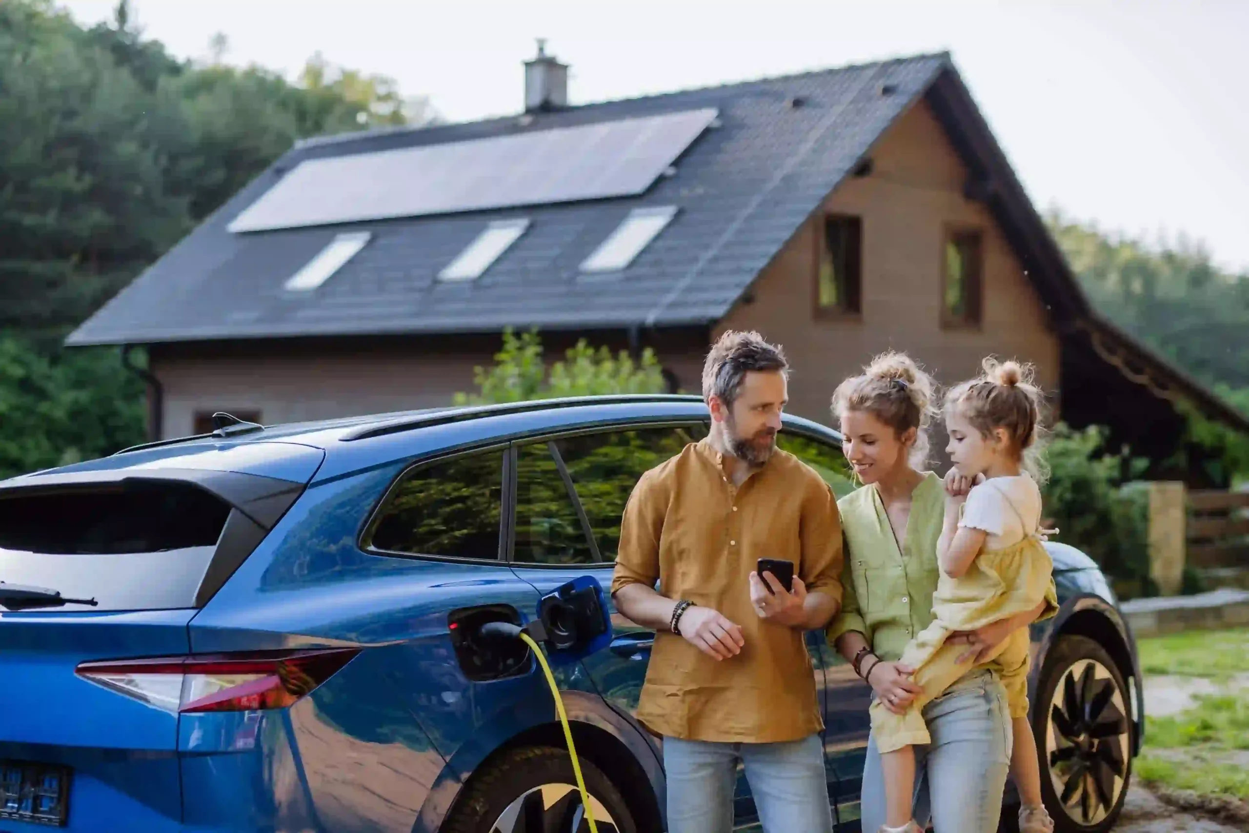 Familie lädt Elektroauto mit Solarstrom am Haus – nachhaltige Mobilität und erneuerbare Energien im Alltag