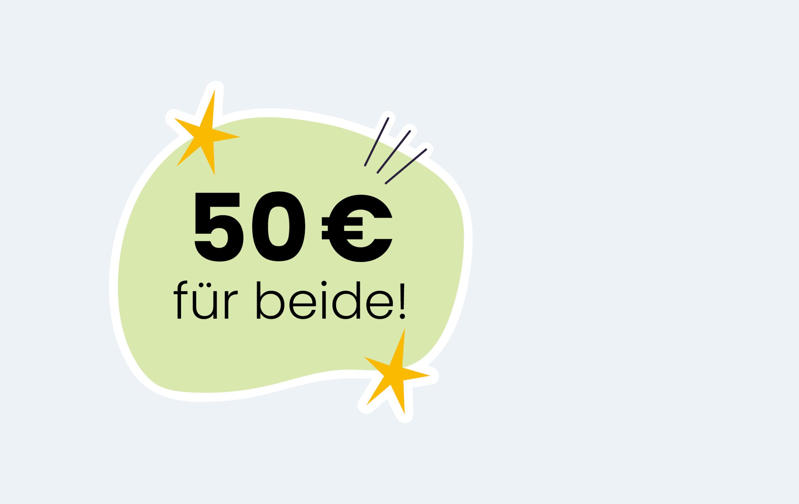 "50€ für beide!" grüne Grafik mit Sternen